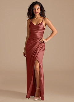 Azazie Deandra Bridesmaid Dresses Terracotta Mermaid Pleated Metallic Satin Dress image1