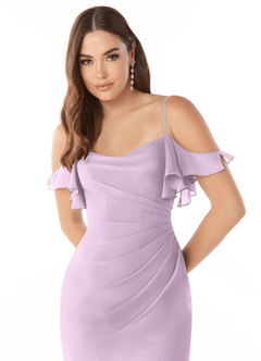 Azazie Emeralda Bridesmaid Dresses Frosted Lilac Sheath Off the Shoulder Chiffon Dress image6