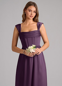 Azazie Hattie Robes de demoiselle d'honneur Robe Trapèze en Satin extensible Corset Prune image6