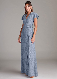 Azazie Ling Bridesmaid Dresses Dusty Blue A-Line Pleated Floral Burnout Dress image5