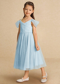 Azazie Lizzette Flower Girl Dresses Sky Blue A-Line Ruched Tulle Dress image5