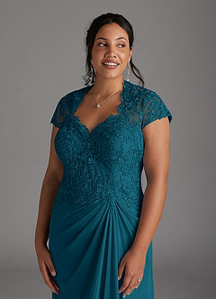 Azazie Junie Mother of the Bride Dresses Ink Blue A-Line Lace Chiffon Dress image10