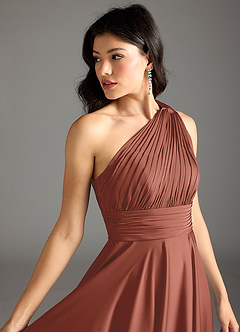 Azazie Charlize Bridesmaid Dresses Auburn A-Line One Shoulder Stretch Satin Dress image7