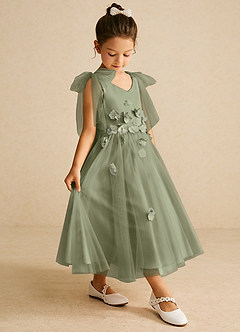 Azazie Minia Flower Girl Dresses Pistachio A-Line Bow Matte Satin Dress image3