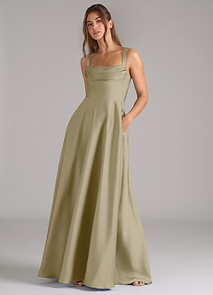 Azazie Shaude Bridesmaid Dresses Moss Green A-Line Pleated Stretch Satin Dress image4