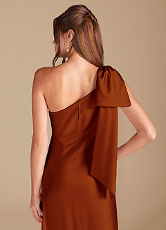 Azazie Capri Bridesmaid Dresses Auburn Sheath One Shoulder Metallic Satin Dress image2