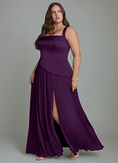 Azazie Stephanie Vestidos de damas de honor Vestido Uva de Satén Elástico de Línea A con Plisado image11