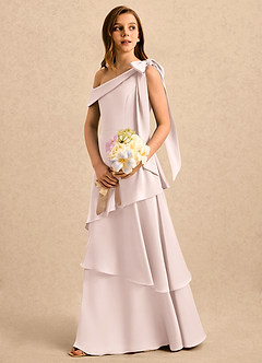 Azazie Shyloh Girls Formal Flower Girl Dresses Blushing Pink A-Line Off the Shoulder Stretch Satin Dress image3