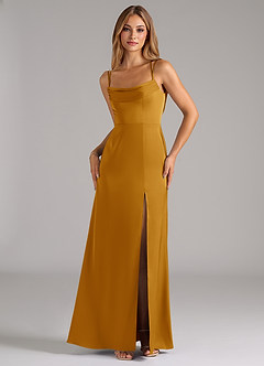 Azazie Callan Brautjungfernkleider Wandelbar A-Linie Plissee Stretch-Satin Kleid Butterscotch image5