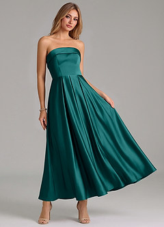 Azazie Lucienne Bridesmaid Dresses Peacock A-Line Pleated Stretch Satin Dress image7