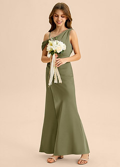 Azazie Madelyn Junior Osłona Zza ramienia Satyna elastyczna Długość podłogi Młodsza druhna Sukienka image5