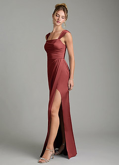 Azazie Filippa Bridesmaid Dresses Terracotta A-Line Pleated Stretch Satin Dress image4