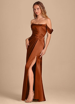Azazie Shea Brautjungfernkleider Wandelbar Meerjungfrau-Linie Schulterfrei Metallischer Satin Kleid Rotbraun image3