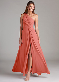 Azazie Brooke Bridesmaid Dresses Salmon Pink A-Line One Shoulder Chiffon Dress image3