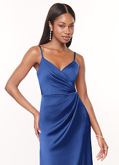 Azazie Maci Bridesmaid Dresses Royal Blue A-Line V-Neck Pleated Stretch Satin Dress image5