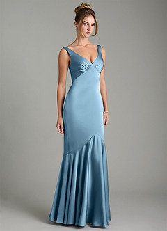 Azazie Alena Bridesmaid Dresses Steel Blue Mermaid Pleated Stretch Satin Dress image4