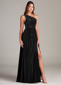 Azazie Brooke Vestidos de damas de honor Vestido de Negro de terciopelo de Corte en A con Hombro unilateral image3