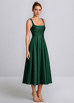 Ines Emerald Green Square Neck Satin Lace-Up A-Line Midi Dress image2