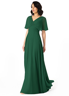 Azazie Pamela Vestidos de damas de honor Vestido de Verde Oscuro de Gasa de Corte en A con Cuello en V plisado image3
