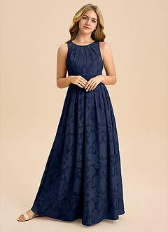 Azazie Bibiane Junior Dark Navy A-Line Pleated Floral Burnout Dress image8