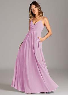 Azazie Amani Vestidos de damas de honor Vestido de Rosa Caramelo de Gasa de Corte en A con Plisado image1