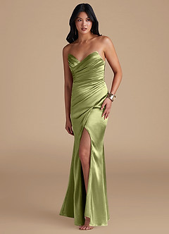 Azazie Yola Bridesmaid Dresses Pistachio Sheath Pleated Metallic Satin Dress image5