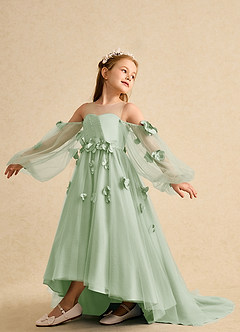 Azazie Karrie Flower Girl Dresses Dusty Sage A-Line with Sleeves Tulle Dress image5