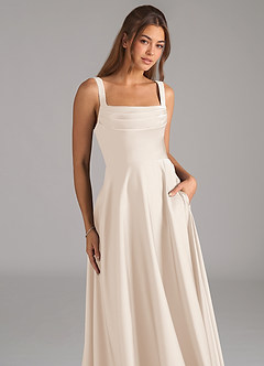 Azazie Shaude Jurken voor bruidsmeisjes Jurk van Stretch Satijn met A-Lijn Geplooid Wit Albast image2