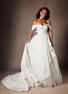 Azazie Alexandria Wedding Dresses Diamond White A-Line Off the Shoulder Matte Satin Dress image5