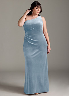 Azazie Argan Bridesmaid Dresses Dusty Blue A-Line One Shoulder Pleated Velvet Dress image8