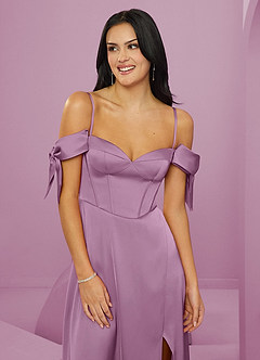 Barbie ♥ Azazie Bridesmaid Dresses Wisteria A-Line Off the Shoulder Stretch Satin Dress image5
