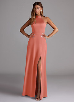 Azazie Myra Bridesmaid Dresses Salmon Pink A-Line High Neck Stretch Satin Dress image3