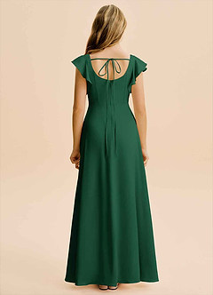 Azazie Bondi Junior Vestido Verde Escuro de Cetim elástico de Linha A com Fenda Lateral image2