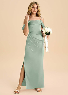 Azazie Saige Junior Robe Fourreau en Satin extensible Épaule décolletée Agave image4