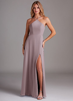 Azazie Bailey Bridesmaid Dresses Dusk A-Line Halter Side Slit Chiffon Dress image1