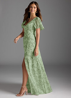 Azazie Kimber Bridesmaid Dresses Green Fern Floral A-Line Flounce Sleeve Chiffon Dress image4
