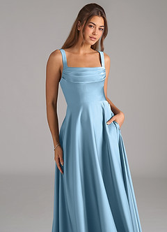 Azazie Shaude Bridesmaid Dresses Steel Blue A-Line Pleated Stretch Satin Dress image2