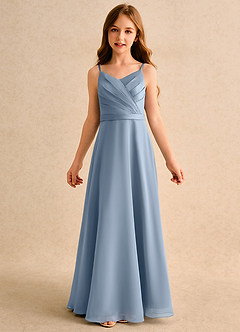 Azazie Umina Girls Formal Jurken voor bloemenmeisjes A-Lijn Jurk van Mat Satijn Geplooide Stoffig Blauw image6