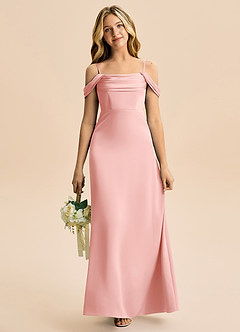 Azazie Lettie Junior Powder Pink A-Line Off the Shoulder Stretch Satin Dress image2