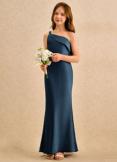 Azazie Almond Girls Formal Jurken voor bloemenmeisjes Kokerjurk Jurk van Stretch Satijn One-shoulder Donkere Marine image3
