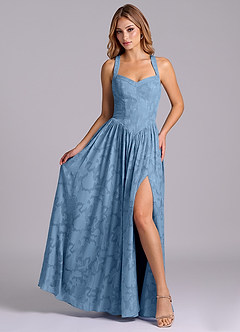 Azazie Francis Bridesmaid Dresses Steel Blue A-Line Corset Floral Burnout Dress image4