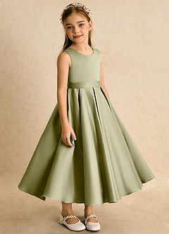 Azazie Junebuj Flower Girl Dresses Moss Green Ball-Gown Pleated Matte Satin Dress image5