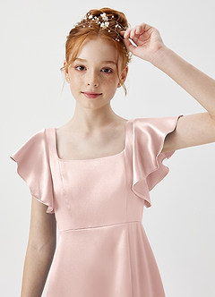 Azazie Bondi Junior Blushing Pink A-Line Side Slit Metallic Satin Dress image5