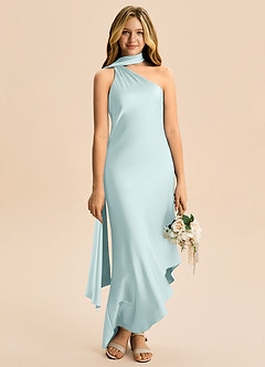 Azazie Briony Junior Vestido Névoa de Cetim elástico de Bainha com Plissado image5