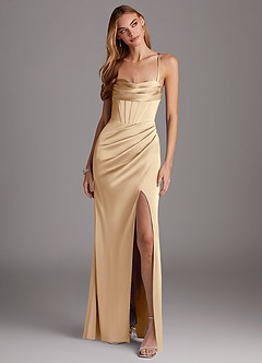 Azazie Brookelle Bridesmaid Dresses Champagne Sheath Sweetheart Corset Stretch Satin Dress image4