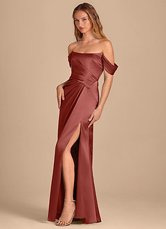 Azazie Shea Bridesmaid Dresses Terracotta Mermaid Off the Shoulder Metallic Satin Convertible Dress image3