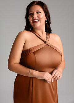 Azazie Rue Bridesmaid Dresses Copper A-Line Pleated Stretch Satin Dress image13