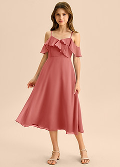 Azazie Kamilla Junior Abito A-Line in Chiffon a Spalla Scoperta Rosa Antica image5