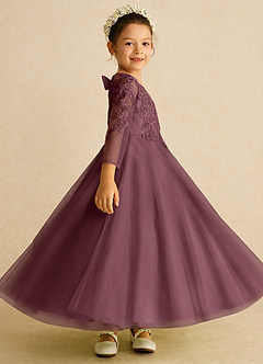 Azazie Precious Flower Girl Dresses Sangria A-Line Lace Tulle Dress image3