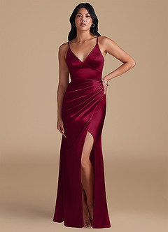 Azazie Shania Bridesmaid Dresses Burgundy Sheath Pleated Metallic Satin Dress image5